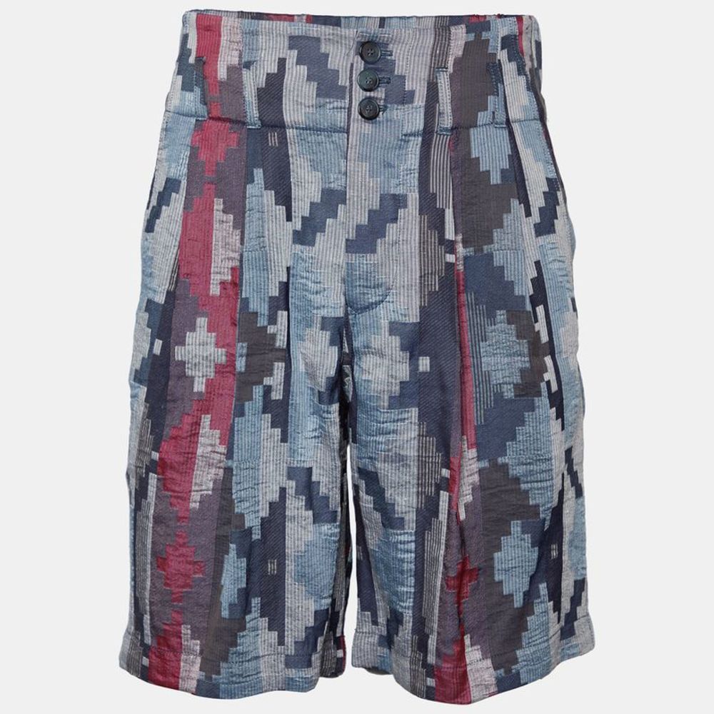 Giorgio Armani Blue Geometric Pattern Linen Blend Shorts L